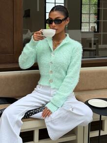Muchica Women's Autumn/Winter Casual Light Green Cardigan Mint Green Autumn/Winter Button Sweater Christmas New Year - Teal Blue - View 3