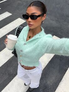 Muchica Women's Autumn/Winter Casual Light Green Cardigan Mint Green Autumn/Winter Button Sweater Christmas New Year - Teal Blue - View 4