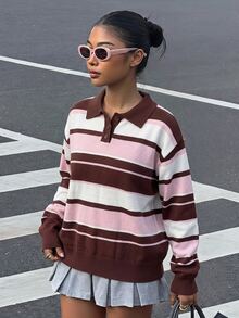 SHEIN 少女黃色條紋長袖針織修身毛衣，適合休閒上學、極簡日常穿著 - 黃色 - 查看 2
