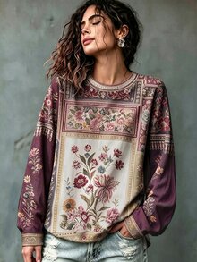 Breezaya Plus Size Autumn Casual Floral Print T-Shirt Fall - Multicolor - View 3