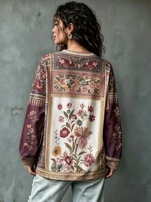 Breezaya Plus Size Autumn Casual Floral Print T-Shirt Fall - Multicolor - View 2