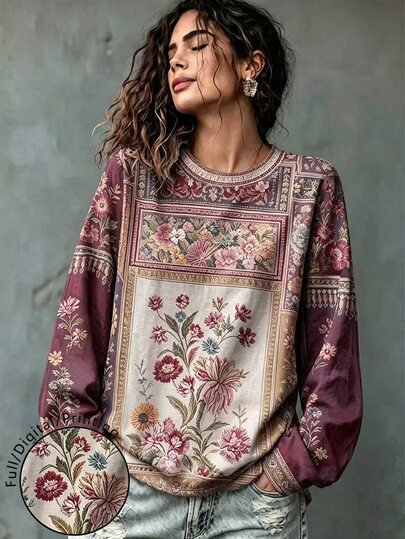 Breezaya Plus Size Autumn Casual Floral Print T-Shirt Fall