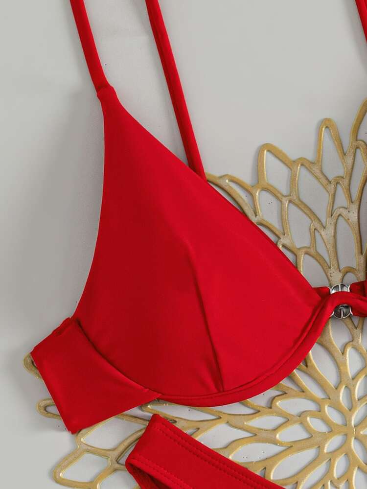 Swim Basics Summer Beach Mono Bikini Set Underwired Bra & High Cut Bottom 2 Piece Bathing Suit - Red - View 3