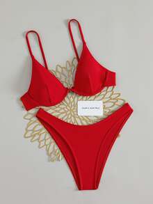 Swim Basics Summer Beach Mono Bikini Set Underwired Bra & High Cut Bottom 2 Piece Bathing Suit - Red - View 1