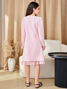 SHEIN 青少年女孩优雅派对蝴蝶结装饰双排扣连衣裙 - 粉色 - 查看 2