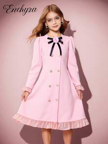 SHEIN 青少年女孩优雅派对蝴蝶结装饰双排扣连衣裙 - 粉色 - 查看 3