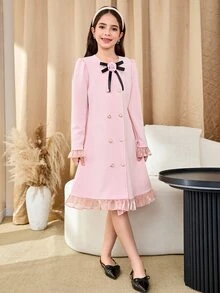 SHEIN 青少年女孩优雅派对蝴蝶结装饰双排扣连衣裙 - 粉色 - 查看 5