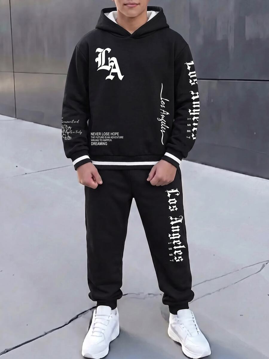 Tween Boy Casual Minimalist Long Sleeve Hooded Comfortable Sweatshirt 2 Pieces Set Suitable For Autumn/Winter, Classic Handsome Cool Gothic Text Graphic Print, Handsome Street Culture Text Graphic Print, Y2K - Multicolor - View 1
