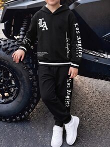 Tween Boy Casual Minimalist Long Sleeve Hooded Comfortable Sweatshirt 2 Pieces Set Suitable For Autumn/Winter, Classic Handsome Cool Gothic Text Graphic Print, Handsome Street Culture Text Graphic Print, Y2K - Multicolor - View 5