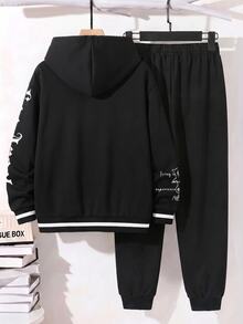 Tween Boy Casual Minimalist Long Sleeve Hooded Comfortable Sweatshirt 2 Pieces Set Suitable For Autumn/Winter, Classic Handsome Cool Gothic Text Graphic Print, Handsome Street Culture Text Graphic Print, Y2K - Multicolor - View 4