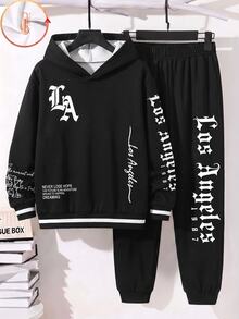 Tween Boy Casual Minimalist Long Sleeve Hooded Comfortable Sweatshirt 2 Pieces Set Suitable For Autumn/Winter, Classic Handsome Cool Gothic Text Graphic Print, Handsome Street Culture Text Graphic Print, Y2K - Multicolor - View 3