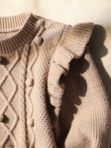 Girls' Autumn/Winter New Sweet Princess Baby Doll Style Sweater Dress, Ruffle Trim + Cable Knit Diamond Pattern Design, Cute Exquisite Nursery Brown - Khaki - View 5