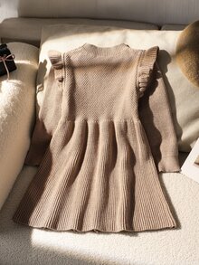 Girls' Autumn/Winter New Sweet Princess Baby Doll Style Sweater Dress, Ruffle Trim + Cable Knit Diamond Pattern Design, Cute Exquisite Nursery Brown - Khaki - View 2