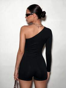 SHEIN ICON 女款不對稱露肩挖空長袖修身連身褲 - 黑色 - 查看 2