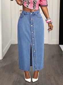 BamGleam Rok Denim Biru Panjang Berpotongan Pas dengan Belahan Tinggi, Kancing Depan, dan Belahan Tinggi, Cocok untuk Semua Musim, Gaya Jalanan Wanita - Medium Wash - View 4