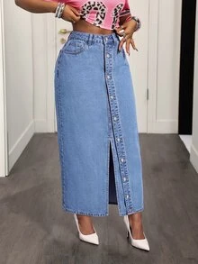 BamGleam Rok Denim Biru Panjang Berpotongan Pas dengan Belahan Tinggi, Kancing Depan, dan Belahan Tinggi, Cocok untuk Semua Musim, Gaya Jalanan Wanita - Medium Wash - View 7