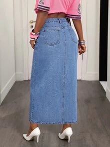 BamGleam Rok Denim Biru Panjang Berpotongan Pas dengan Belahan Tinggi, Kancing Depan, dan Belahan Tinggi, Cocok untuk Semua Musim, Gaya Jalanan Wanita - Medium Wash - View 2