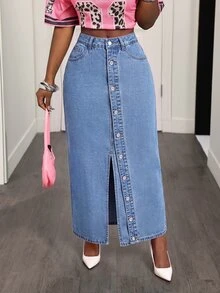 BamGleam Rok Denim Biru Panjang Berpotongan Pas dengan Belahan Tinggi, Kancing Depan, dan Belahan Tinggi, Cocok untuk Semua Musim, Gaya Jalanan Wanita - Medium Wash - View 6
