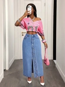 BamGleam Rok Denim Biru Panjang Berpotongan Pas dengan Belahan Tinggi, Kancing Depan, dan Belahan Tinggi, Cocok untuk Semua Musim, Gaya Jalanan Wanita - Medium Wash - View 5