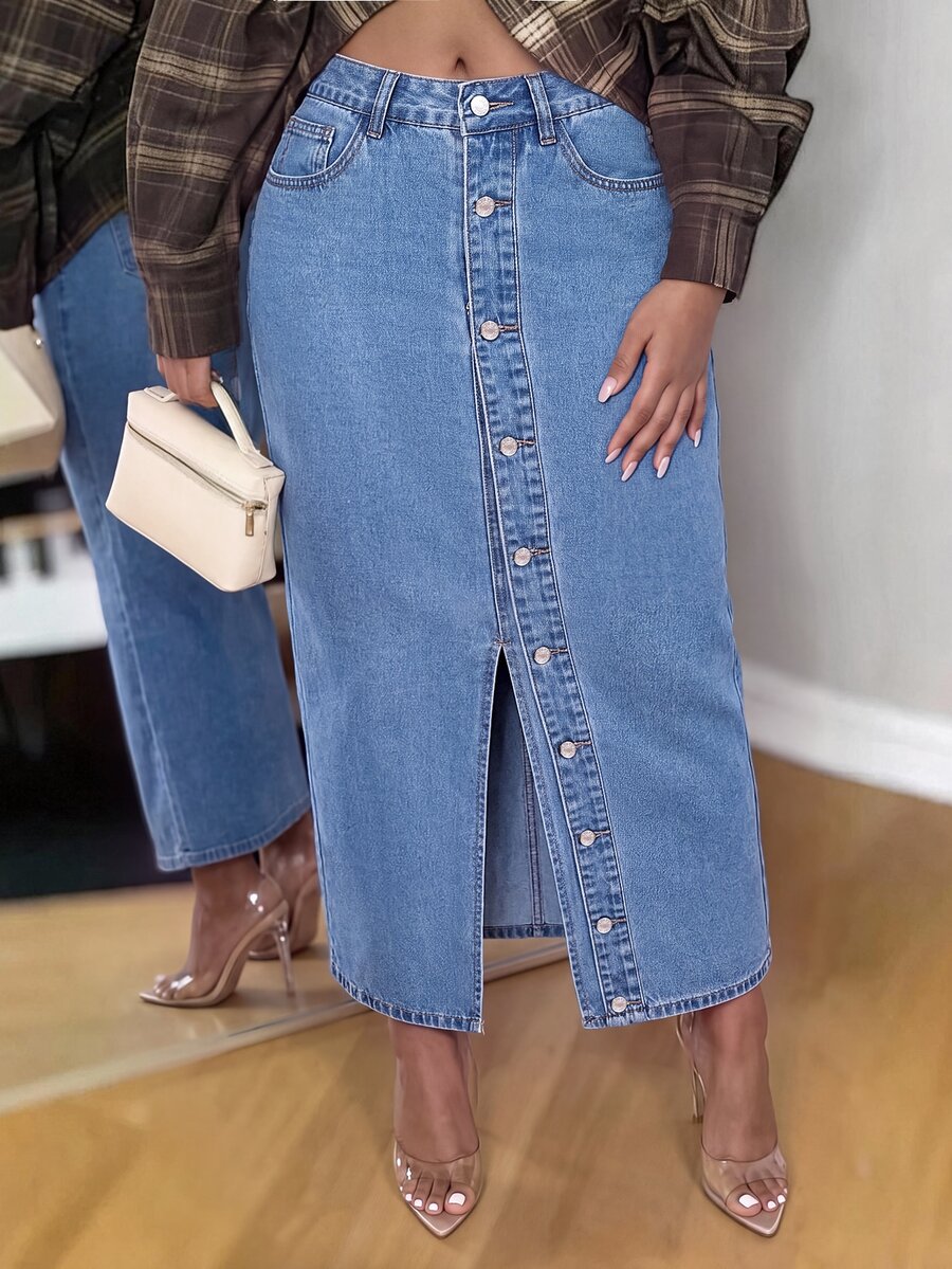 BamGleam Women's Street Style All-Season Long Button-Front High Slit Fitted Blue Denim Skirt - Medium Wash - View 1