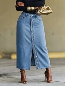 BamGleam Rok Denim Biru Panjang Berpotongan Pas dengan Belahan Tinggi, Kancing Depan, dan Belahan Tinggi, Cocok untuk Semua Musim, Gaya Jalanan Wanita - Medium Wash - View 1