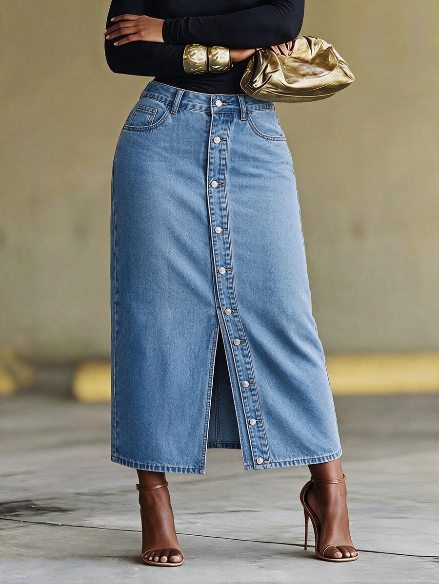 BamGleam Rok Denim Biru Panjang Berpotongan Pas dengan Belahan Tinggi, Kancing Depan, dan Belahan Tinggi, Cocok untuk Semua Musim, Gaya Jalanan Wanita - Medium Wash - View 1