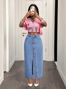 BamGleam Rok Denim Biru Panjang Berpotongan Pas dengan Belahan Tinggi, Kancing Depan, dan Belahan Tinggi, Cocok untuk Semua Musim, Gaya Jalanan Wanita - Medium Wash - View 3