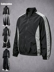 Manfinity Denimwave Men's Color Block Windbreaker Jacket, Stand Collar Zip Up Lightweight Casual Streetwear Track Jacket, Contrast Side Stripe Loose Gym Fall, Goth - Black - View 5