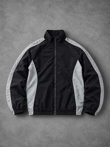 Manfinity Denimwave Men's Color Block Windbreaker Jacket, Stand Collar Zip Up Lightweight Casual Streetwear Track Jacket, Contrast Side Stripe Loose Gym Fall, Goth - Black - View 2