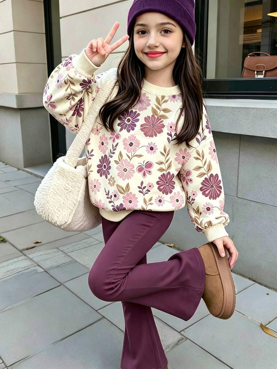 2件組可愛甜美花卉蝴蝶印花長袖圓領杏色運動衫與深紫色喇叭褲，休閒套裝，日常穿著，舒適Pixies女童花卉印花秋冬款 - 綠色 - 查看 1