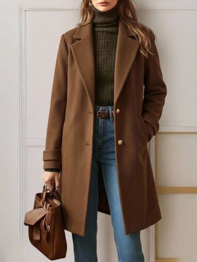 Solivie Women's Autumn/Winter Coffee Color Faux Suede Pocket Button Jacket Going Out Tops Elegant Women's Blouses