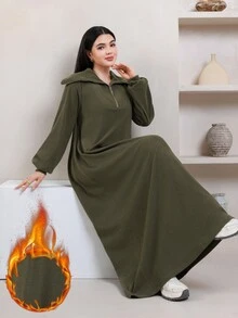 Veilorie Women's Autumn/Winter Casual Solid Color Long Green Dress - Green - View 1