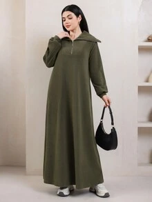 Veilorie Women's Autumn/Winter Casual Solid Color Long Green Dress - Green - View 5