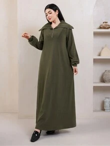 Veilorie Women's Autumn/Winter Casual Solid Color Long Green Dress - Green - View 3