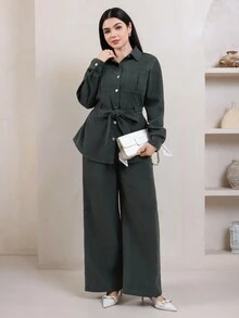 Veilorie Women's Green Solid Color Long Sleeve Single-Breasted Pocket Shirt And Pants Casual Two Pieces Set - Army Green - View 4