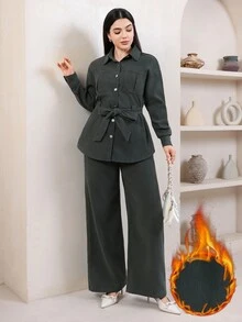 Veilorie Women's Green Solid Color Long Sleeve Single-Breasted Pocket Shirt And Pants Casual Two Pieces Set - Army Green - View 1
