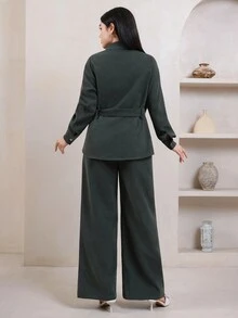 Veilorie Women's Green Solid Color Long Sleeve Single-Breasted Pocket Shirt And Pants Casual Two Pieces Set - Army Green - View 2