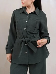 Veilorie Women's Green Solid Color Long Sleeve Single-Breasted Pocket Shirt And Pants Casual Two Pieces Set - Army Green - View 3