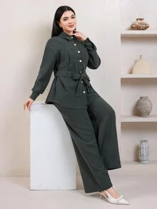 Veilorie Women's Green Solid Color Long Sleeve Single-Breasted Pocket Shirt And Pants Casual Two Pieces Set - Army Green - View 6