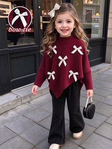SHEIN (Young Girl) 秋冬新款休閒T恤套裝，白色3D蝴蝶結裝飾正面，不對稱套頭高領羅紋刷毛布料酒紅色長袖上衣搭配黑色休閒喇叭褲，2件套適合秋冬返校季，優雅淑女風高端日常校園出遊旅行聚會 - 彩色 - 查看 6