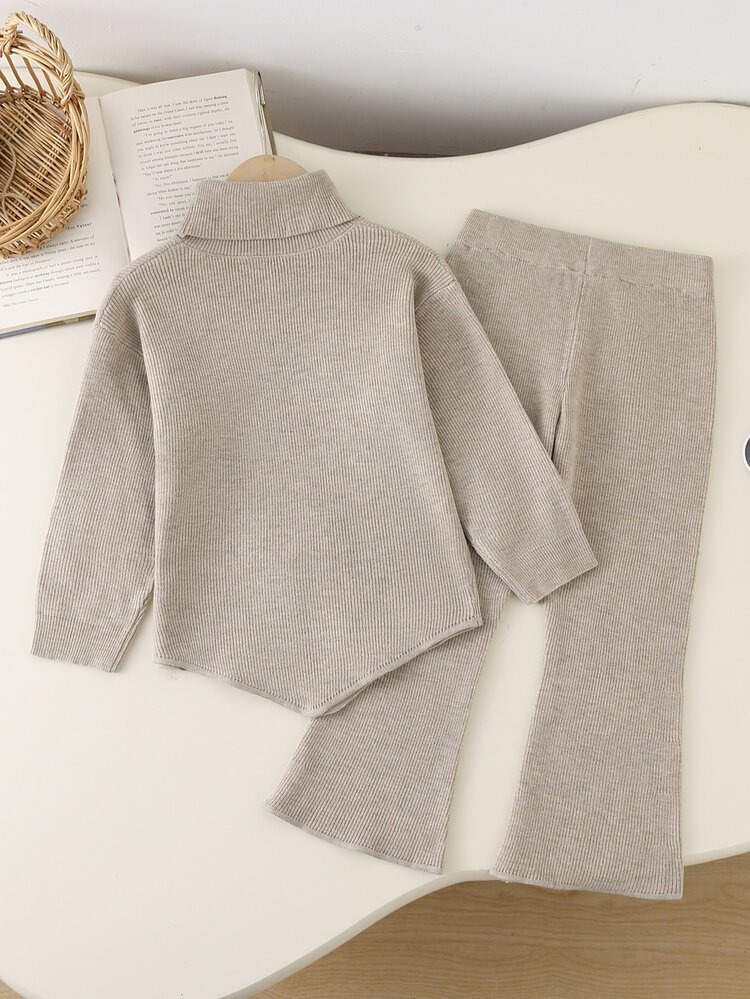 SHEIN Young Girls Sweater Co-Ords Casual Baby Doll Fashion Cute Oatmeal Color Bowknot Pointed Hem High Neck Knitted Wide Leg Pants 2 Pieces Set Autumn - Apricot - View 2