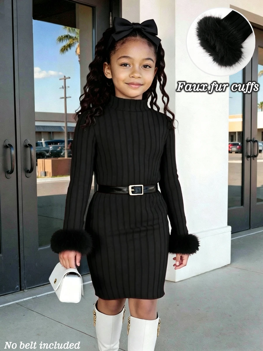 SHEIN Girls Turtleneck Knit Dress Black Ribbed Snug Fit Dress With Faux Fur Cuffs Long Sleeve Slim Fit Sweater Dress Christmas Outfit For Winter Holiday Wear