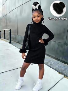 SHEIN Girls Turtleneck Knit Dress Black Ribbed Snug Fit Dress With Faux Fur Cuffs Long Sleeve Slim Fit Sweater Dress Christmas Outfit For Winter Holiday Wear - Black - View 2