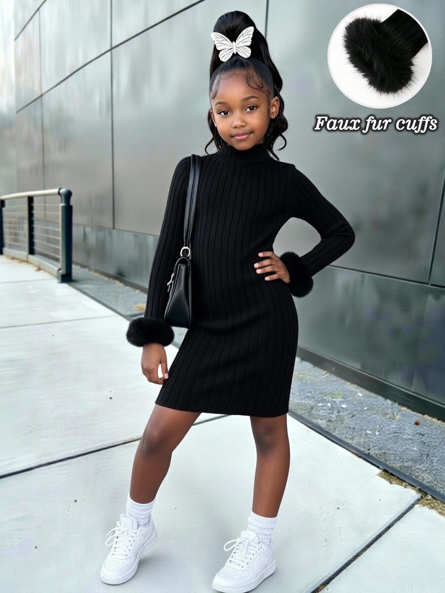 SHEIN Girls Turtleneck Knit Dress Black Ribbed Snug Fit Dress With Faux Fur Cuffs Long Sleeve Slim Fit Sweater Dress Christmas Outfit For Winter Holiday Wear