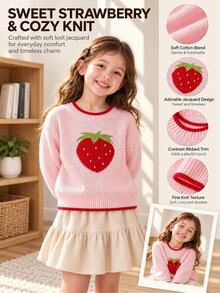 Young Girls Pink Strawberry Crew Neck Drop Shoulder Long Sleeve Sweater, Soft And Comfortable Fabric, Suitable For Autumn Wear Alone And Winter Layering With Cotton Coats - Pink - View 3