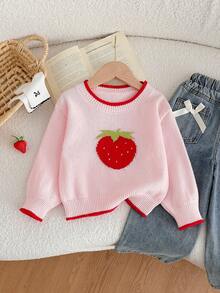 Young Girls Pink Strawberry Crew Neck Drop Shoulder Long Sleeve Sweater, Soft And Comfortable Fabric, Suitable For Autumn Wear Alone And Winter Layering With Cotton Coats - Pink - View 4