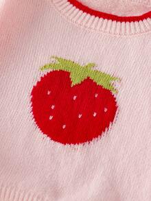Young Girls Pink Strawberry Crew Neck Drop Shoulder Long Sleeve Sweater, Soft And Comfortable Fabric, Suitable For Autumn Wear Alone And Winter Layering With Cotton Coats - Pink - View 5