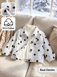SHEIN Baby Girls Polka Dot Denim Jacket Long Sleeve Turn-Down Collar Coat Spring Autumn Fashion Outerwe - White - View 1