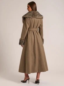 SHEIN BAE Women's Vintage Faux Fur Patchwork Button Trench Coat - Khaki - View 7