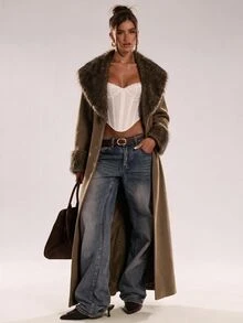 SHEIN BAE Women's Vintage Faux Fur Patchwork Button Trench Coat - Khaki - View 4